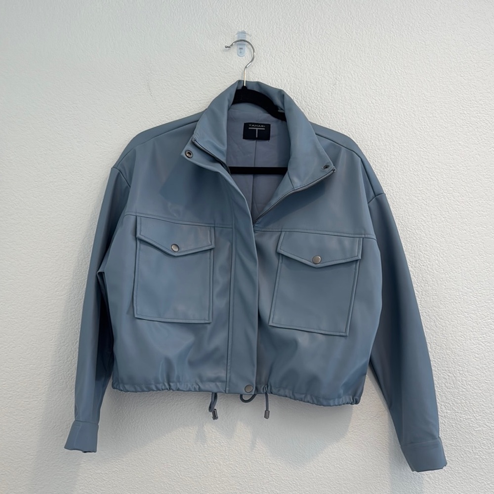 T Tahari - Faux Leather Bomber Jacket - Blue - Size SP